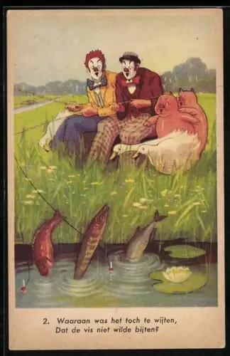 AK Clowns mit Schweinen und Gänsen als glücklose Angler