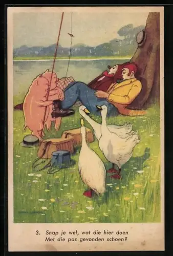 AK Clowns mit Schweinen und Gänsen als Angler mit geangeltem Schuh