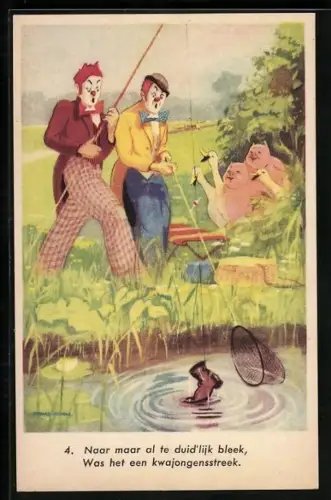 AK Clowns und Schweine beim missglückten Angelversuch, vermenschlichte Tiere