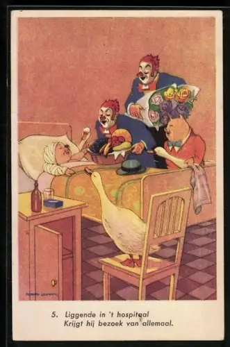 AK Clowns mit Schweinen und Gänsen beim Besuch von Kind im Krankenhaus