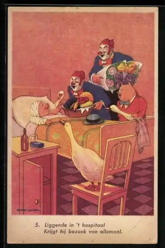 AK Clowns besuchen ein Schwein im Krankenhaus und bringen Früchte und Blumen
