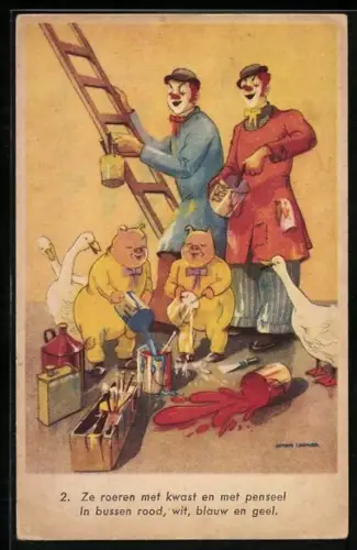AK Clowns mit Schweinen und Gänsen als Anstreicher beim Mischen von Farben