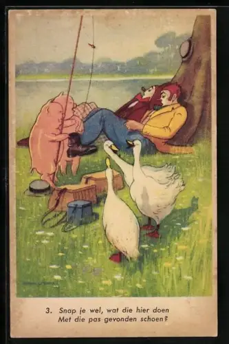 AK Schlafende Clowns mit Schweinen und Gänsen beim Angeln