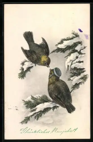 AK Vogeldame und Vogel mit Pagenkappe auf verschneiten Tannenzweigen, Neujahrsgruss