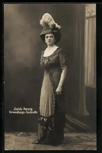 AK Verwandlungs-Soubrette Isolde Herzog im Bühnenkostüm, rückseitig Autograph