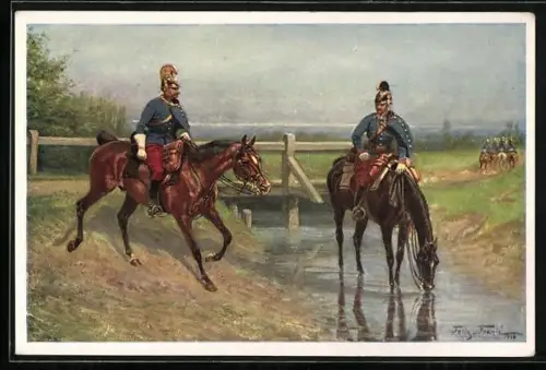 AK Zwei Kavalleriesoldaten tränken ihre Pferde an einem Bach