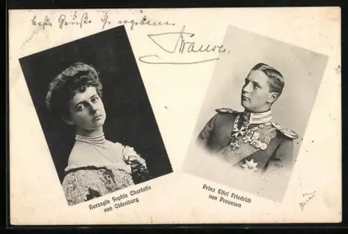 AK Portraits Herzogin Sophie Charlotte von Oldenburg, Prinz Eitel Friedrich von Preussen