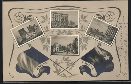 AK Antwerpen, Ruine und historische Ansichten, Fahnen Flandern und Wallonien