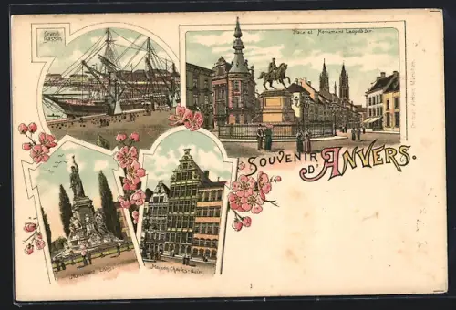 Lithographie Anvers, Place et Monument Leopold Ier, Grand Bassin, Maison Charles-Quint