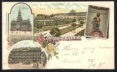 Lithographie Bruxelles, Hotel de Ville de Schaerbeek, Manneken Pis, Jardin Botanique