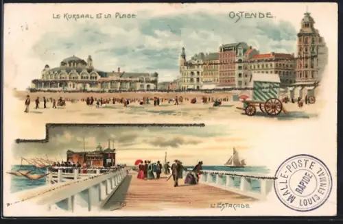 Lithographie Ostende, le Kursaal et la Plage, l`Estacade