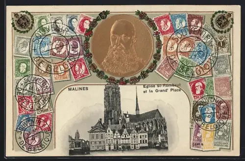 AK Malines, Eglise St-Rombaut et la Grand` Place, versch. Briefmarken