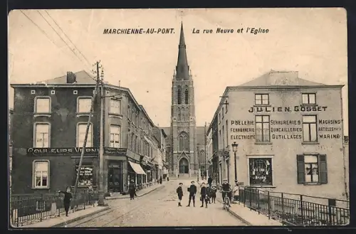 AK Marchienne-au-Pont, La rue Neuve et l`Eglise