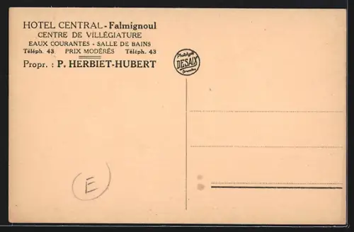 AK Falmignoul, Hotel Central, Centre de Villégiature, Le Restaurant, Propr. P. Herbiet-Hubert