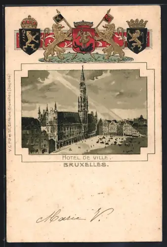 Passepartout-Lithographie Brüssel / Bruxelles, Hotel de Ville mit Wappen und Löwen