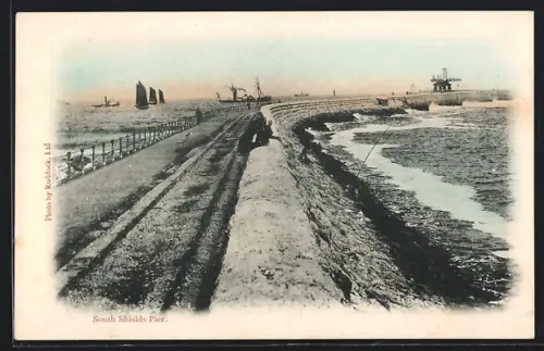AK South Shields, South Shields Pier, steamers and sailboats in the distance