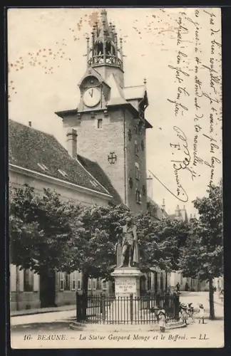AK Beaune, La Statue Gaspard Monge et le Beffroi