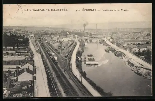 AK Épernay, La Champagne Illustrée, Panorama de la Marne
