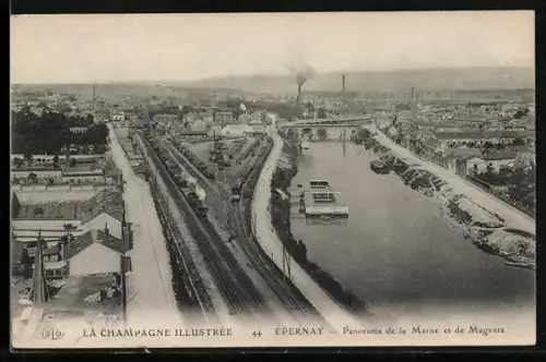 AK Épernay, La Champagne Illustrée, Panorama de la Marne et de Magenta