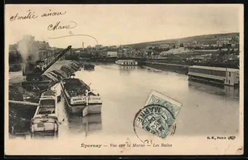 AK Épernay, Vue sur la Marne, Les Bains