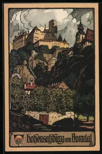 Steindruck-AK Deutscher Schulverein Nr. 311: Salzburg, Festung Hohensalzburg vom Nonntal gesehen