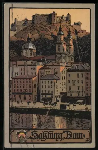 Steindruck-AK Deutscher Schulverein NR 313: Salzburg, Dom mit Schloss Salzburg