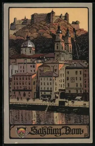 Steindruck-AK Deutscher Schulverein NR 313: Salzburg, Dom mit Schloss Salzburg