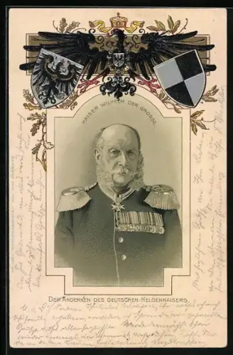 Passepartout-Lithographie Hamburg, Denkmal Wilhelm der Grosse, Portrait des Kaisers mit Wappen