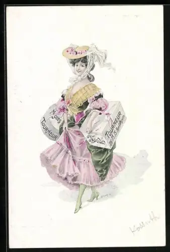 AK Fräulein mit Schachteln, Reklame für Modes Tourneur