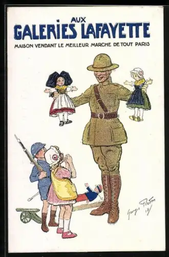 Künstler-AK Paris, Galeries Lafayette, Soldat mit Puppen für die Kinder, Reklame