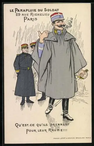 Künstler-AK Paris, Le Parapluie du Soldat, 29, Rue Richelieu, Reklame