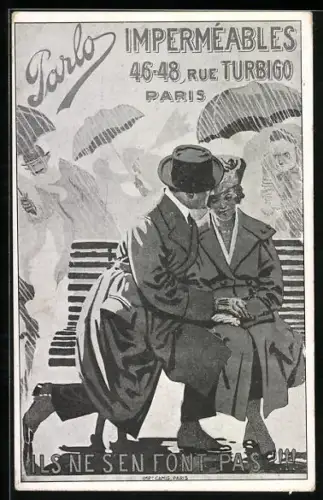 Künstler-AK Paris, Parlo Imperméables, 46-48, Rue Turbigo, Paar an Parkbank, Reklame