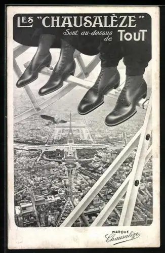 AK Schuhe von einem Paar im Flugzeug, Reklame für Les Chausalèze