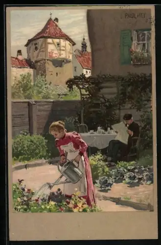Künstler-Lithographie Paul Hey: Frau giesst Blumen, Mann liest Zeitung