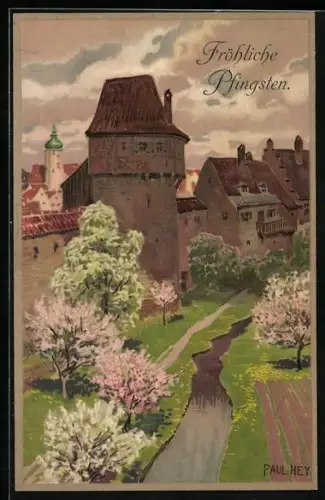 Künstler-Lithographie Paul Hey: Landschaft an Stadtmauer mit Bach, Pfingstgruss