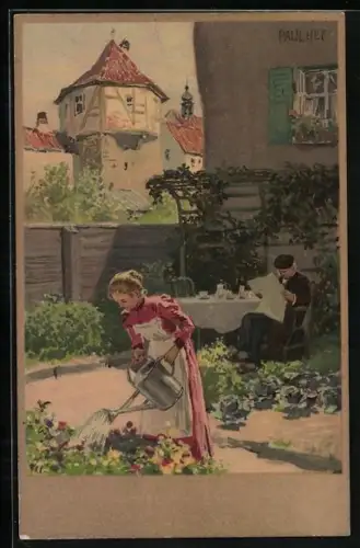 Künstler-Lithographie Paul Hey: Frau giesst Blumen, Mann liest Zeitung