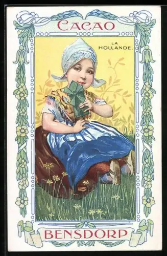 Künstler-AK Hollande, Holländerin mit kleiner Windmühle, Reklame für Bensdorp-Cacao