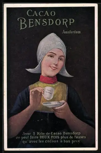 Künstler-AK Amsterdam, Holländerin hält Tasse, Reklame für Bensdorp-Cacao