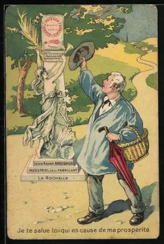 Künstler-AK La Rochelle, Mann grüsst Denkmal von Louis André Angibaud, Reklame für Guano de Poisson Francais SGDG
