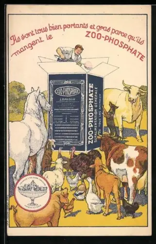 AK Bauer mit Pferd, Schaf und Rind, Reklame für Zoo-Phosphate