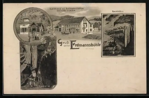 Künstler-AK Hasel, Gasthaus zur Erdmannshöhle, Höhleneingangshäusle, Kapelle