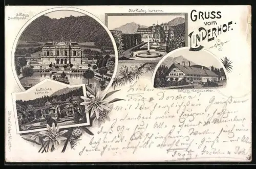 Vorläufer-Lithographie Schloss Linderhof, 1895, Hauptfassade, Schloss-Restauration