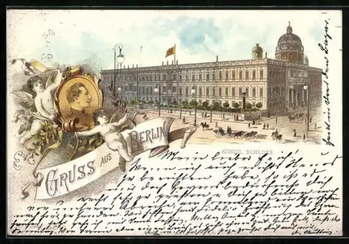 Vorläufer-Lithographie Berlin, 1895, Königliches Schloss mit Kutschen