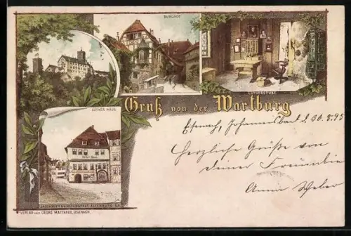 Vorläufer-Lithographie Eisenach, 1895, Wartburg, Lutherstube, Burghof, Lutherhaus