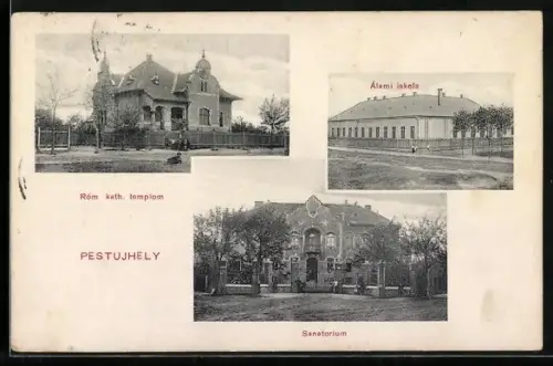 AK Budapest, Pestujhely, Róm. kath. templom, Átami iskola, Sanatorium