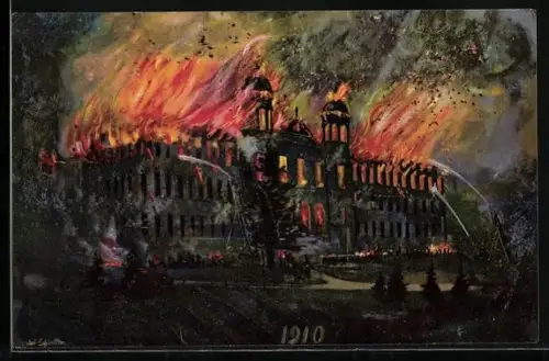 Künstler-AK Schwyz, Brand des Collegiums Maria Hilf 3.10.1910