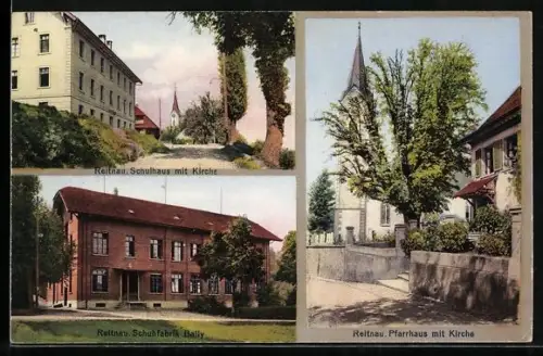 AK Reitnau, Schuhfabrik Bally, Schulhaus mit Kirche, Pfarrhaus
