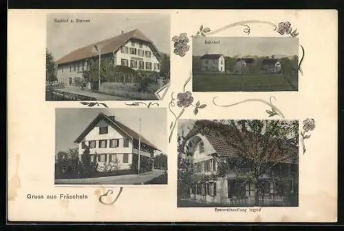 AK Fräschels, Gasthof z. Sternen, Bahnhof, Spezereihandlung Ingold