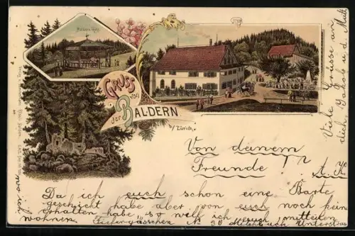 Lithographie Stallikon, Gruss von der Baldern, Gasthaus auf der Baldern-Höhe