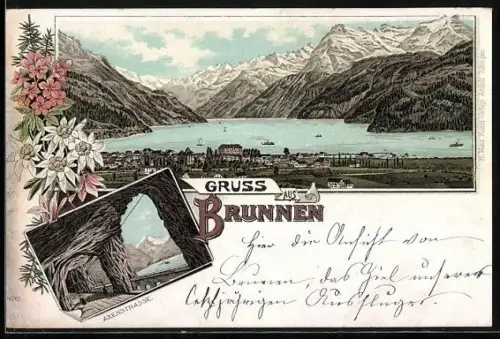 Lithographie Brunnen, Ortsansicht mit Bergpanorama, Axenstrasse